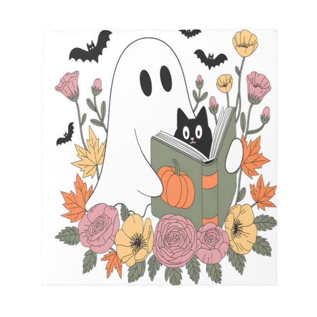 Halloween Ghost Reading Book Cat Notepad (Front)