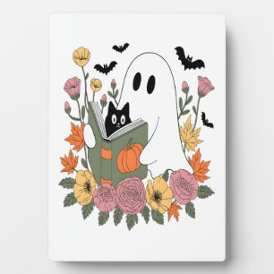 Halloween Ghost Reading Book Cat Plaque