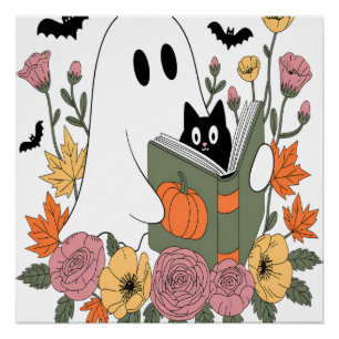 Halloween Ghost Reading Book Cat Poster