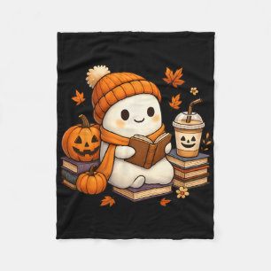 Halloween Ghost Reading Book Lovers Coffee Girl Wo Fleece Blanket