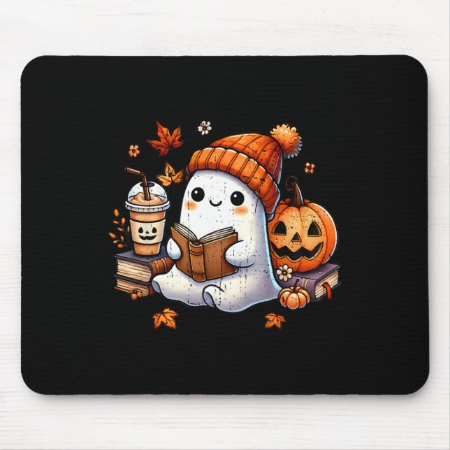 Halloween Ghost Reading Book Lovers Cute Ghost Cof Mouse Pad (Front)