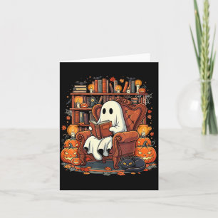 Halloween Ghost Reading Books Pumpkin Black Cat Card
