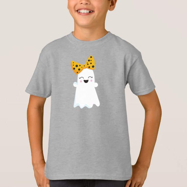 Halloween, Ghost, Ribbon, Bow, Boo, Trick Or Treat T-Shirt (Front)