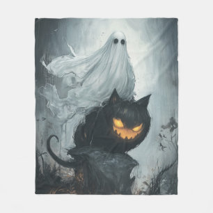 Halloween Ghost Riding a Black Cat Fleece Blanket