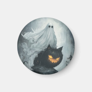 Halloween Ghost Riding a Black Cat  Magnet