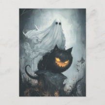Halloween Ghost Riding a Black Cat 