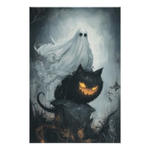 Halloween Ghost Riding a Black Cat 