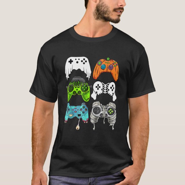 halloween ghost skeleton zombie gaming controllers T-Shirt (Front)