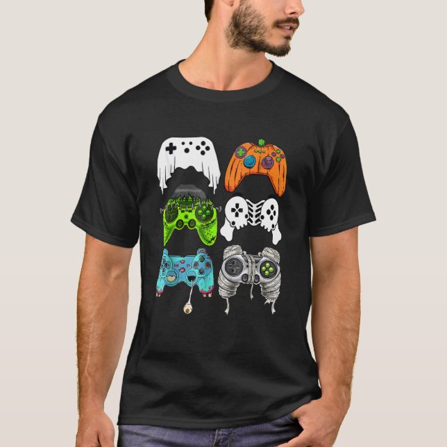 halloween ghost skeleton zombie gaming controllers T-Shirt (Front)