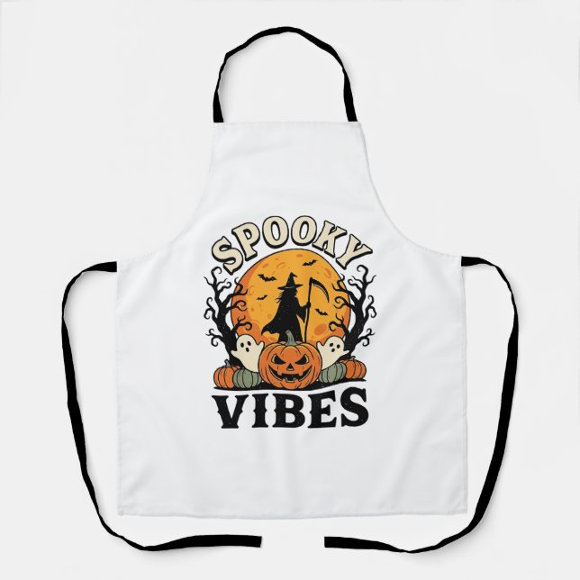 Halloween Ghost Spooky Vibes Pumpkin Witch Vintage Apron (Front)