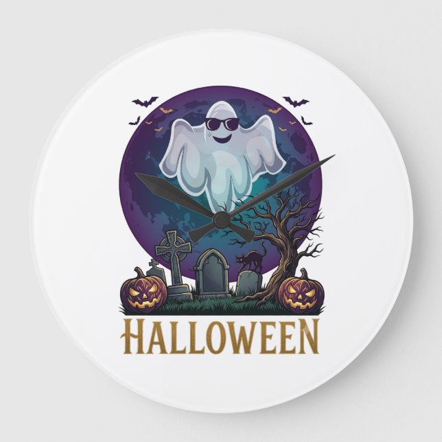 Halloween Ghost Sunglasses Purple Moon Graveyard_1 Large Clock (Front)