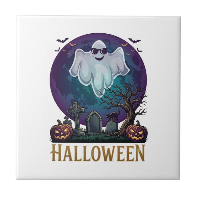 Halloween Ghost Sunglasses Purple Moon Graveyard_1 Tile (Front)