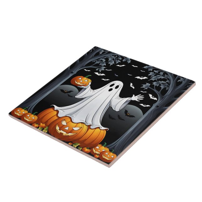 Halloween ghost surrounded by pumpkins and bats tile (Side)