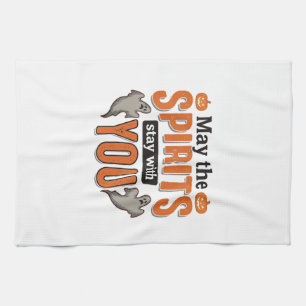 Halloween Ghost Typography Vintage Engraving Desig Tea Towel