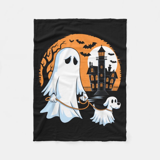 Halloween Ghost Walking Dog Fleece Blanket (Front)