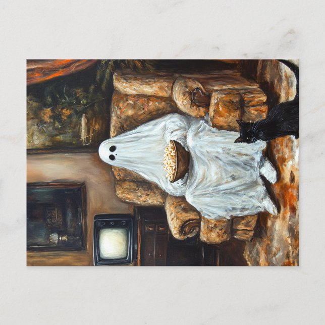Halloween Ghost Watching TV with Popcorn Invitation Postcard (Front)