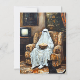 Halloween Ghost Watching TV with Popcorn Postcard