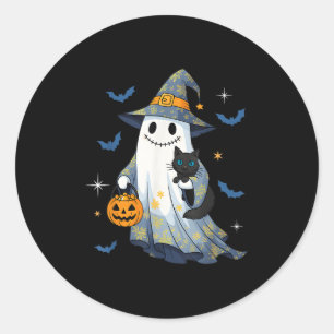 Halloween Ghost Witch Holding Black Cat Funny Hall Classic Round Sticker
