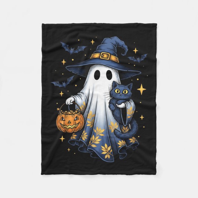 Halloween Ghost Witch Holding Black Cat Funny Hall Fleece Blanket (Front)
