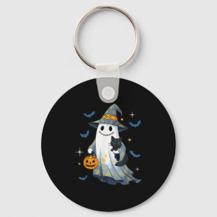 Halloween Ghost Witch Holding Black Cat Funny Hall Key Ring