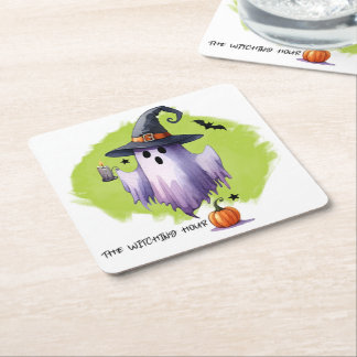 HALLOWEEN Ghost With A Witch Hat And A Pumpkin Square Paper Coaster
