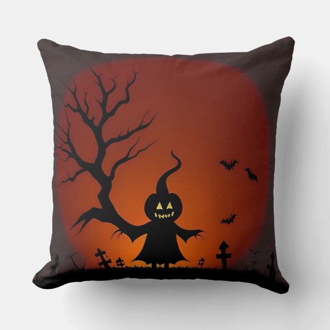 Halloween Ghost with Bats and Full Moon Cushion (Front)