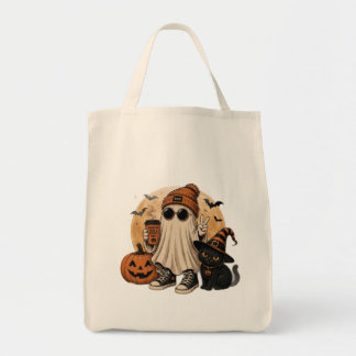 Halloween Ghost with Black Cat and Pumpkin Spice Tote Bag
