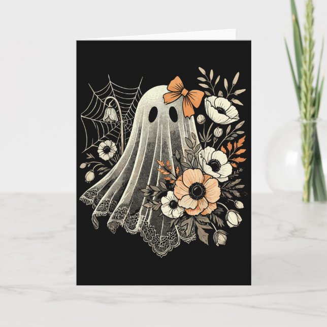 Halloween Ghost With Flowers Vintage  Card (Front)