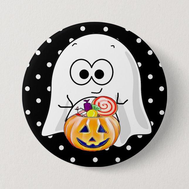 Halloween Ghost with Pumpkin Candy Bucket Button (Front)