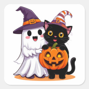 Halloween Ghost With Pumpkin Cat 👻 Square Sticker
