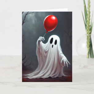 Halloween Ghost With Red Balloon Holiday Card