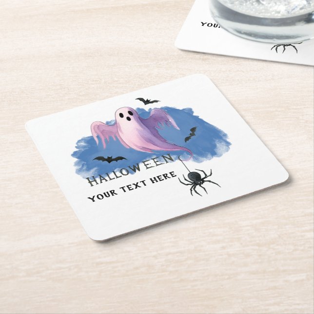 HALLOWEEN Ghost With Spider Square Paper Coaster (Angled)
