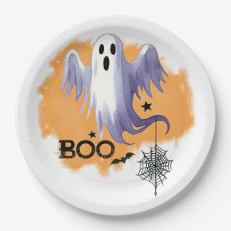 HALLOWEEN Ghost With Spider Web Paper Plate