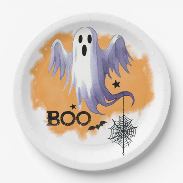 HALLOWEEN Ghost With Spider Web Paper Plate (Front)