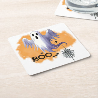 HALLOWEEN Ghost With Spider Web Square Paper Coaster