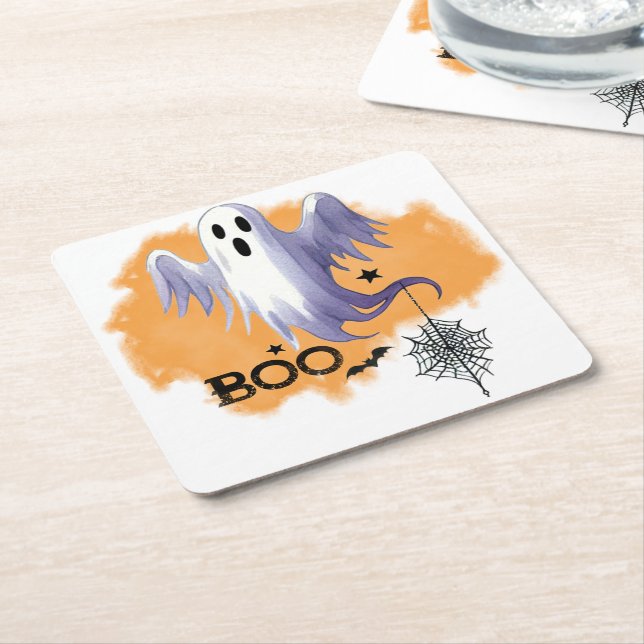 HALLOWEEN Ghost With Spider Web Square Paper Coaster (Angled)