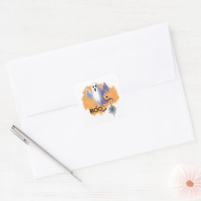 HALLOWEEN Ghost With Spider Web Square Sticker (Envelope)