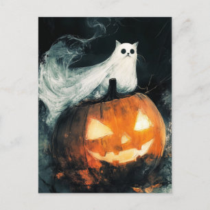Halloween GhostCat  and Jack o Lantern Postcard