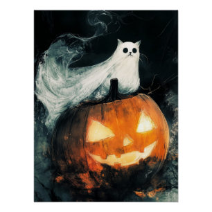 Halloween GhostCat and Jack o Lantern Poster