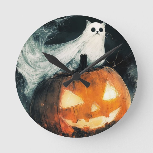 Halloween GhostCat  and Jack o Lantern Round Clock (Front)