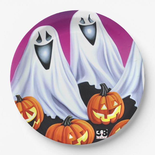 Halloween Ghosts and Pumpkins Paper Plate (Front)