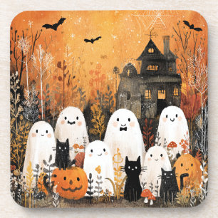 Halloween ghosts, black cats and bats, coaster