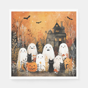 Halloween ghosts, black cats and bats, napkin