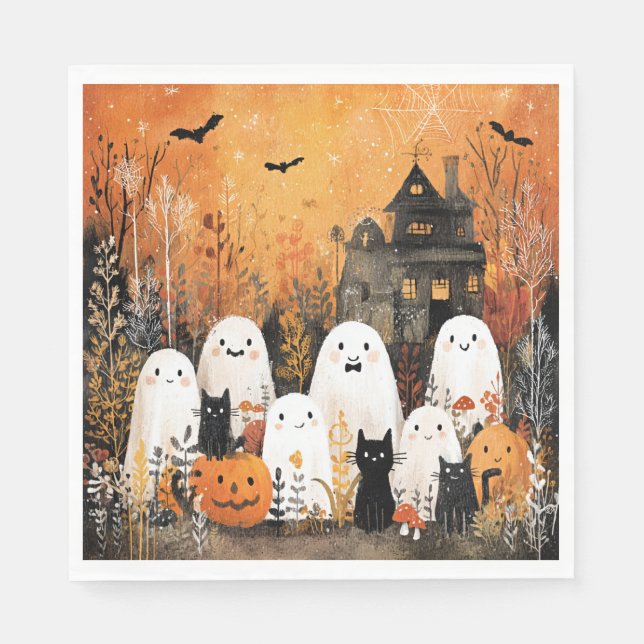 Halloween ghosts, black cats and bats, napkin (Front)