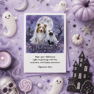 Halloween Ghosts Collie & Cat Spooky Greeting Card