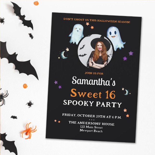 Halloween Ghosts Fun Sweet 16 Spooky Party Photo Invitation (sweet 16 halloween spooky party photo invitation for girls black orange purple cute fun moon stars)