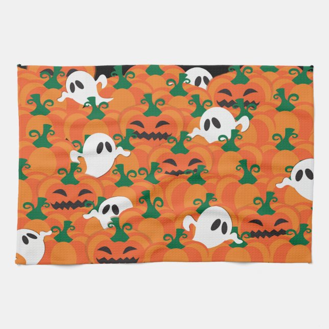 Halloween Ghosts Haunted Pumpkin Patch Tea Towel (Horizontal)