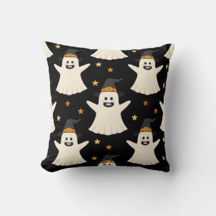 Halloween Ghosts in Witch Hats Seamless Pattern Cushion