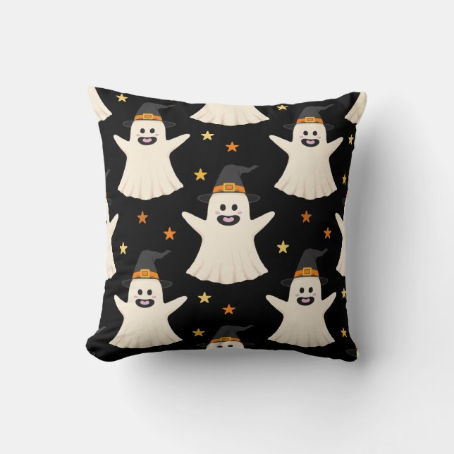 Halloween Ghosts in Witch Hats Seamless Pattern Cushion (Front)