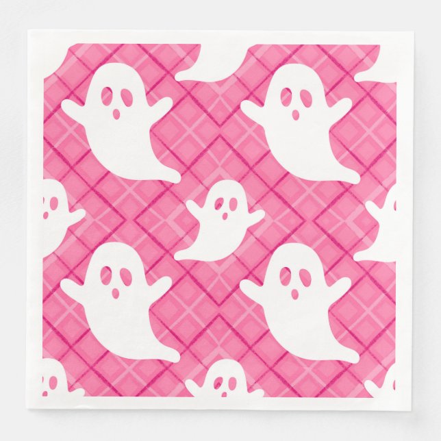 Halloween Ghosts on Pink Plaid Napkin (Front)